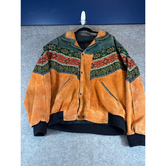Vintage 90s Suede Jacket Men XL Green Brown Quilt Lined Aztec Style Southwestern - Picture 1 of 8